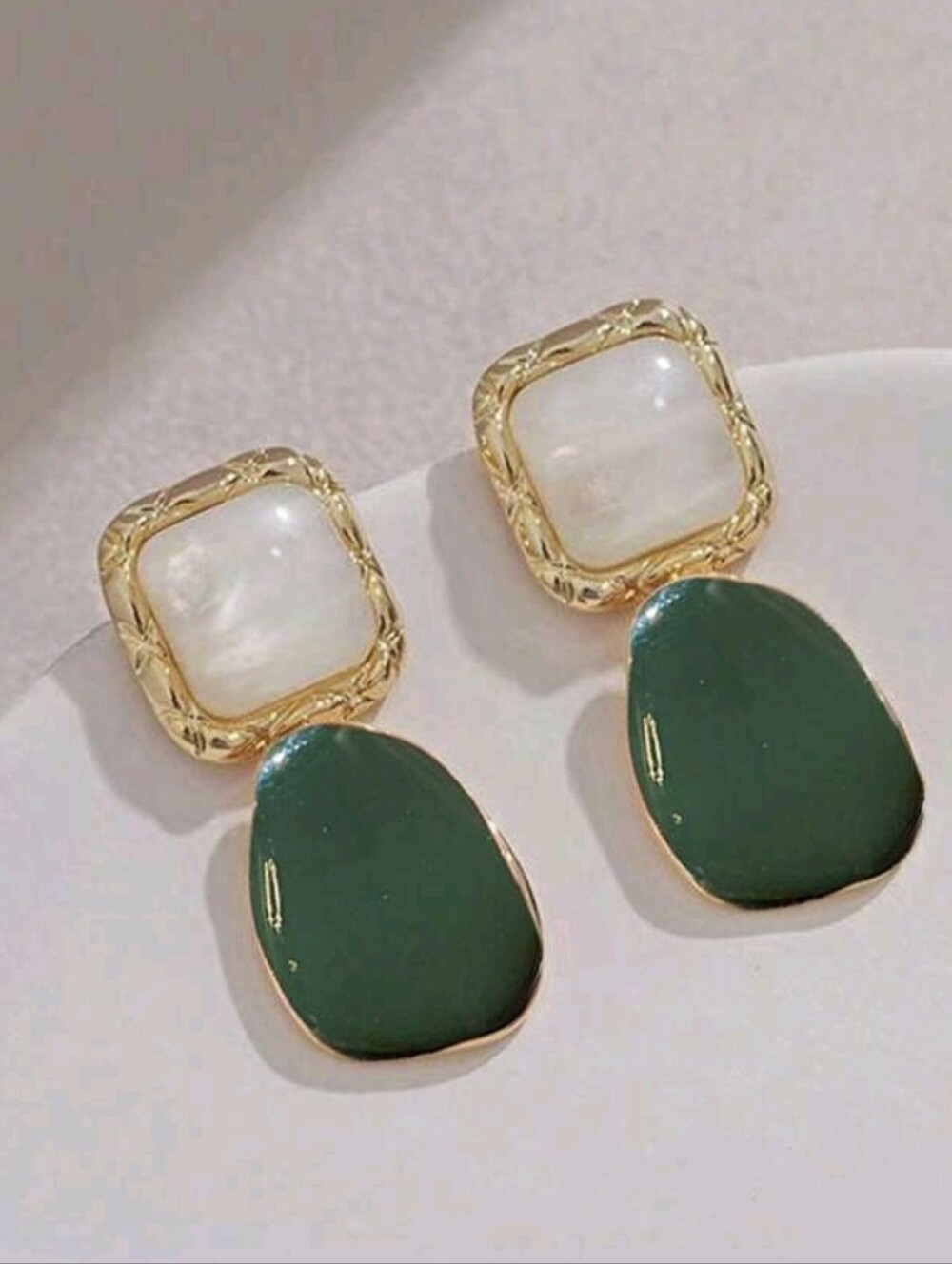 Gold Pearl and Forest Green Drop Earrings - Women Jewelry